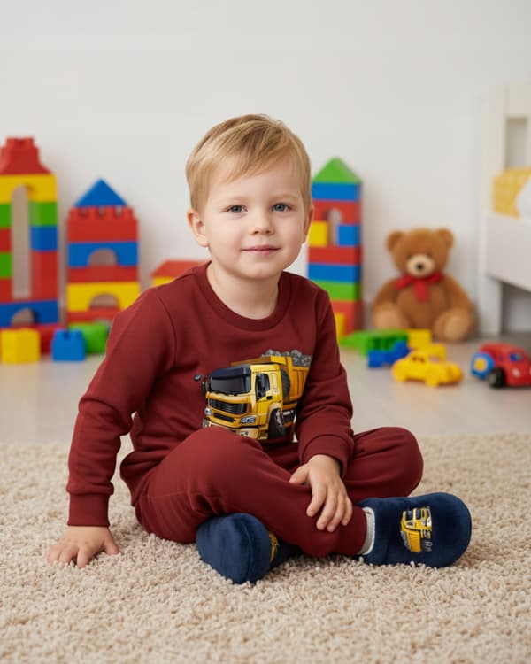 BARNPYJAMAS 110 för POJKAR 100% bomull TIPPER-tryck vinröd