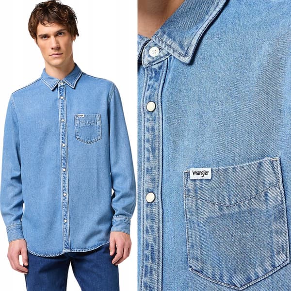 Wrangler skjorte med 1 lomme, lys stenblå denimskjorte, regular M
