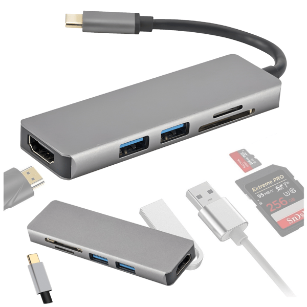 Hub USB-C 3.1 Konverter 2x USB 3.0 HDMI micro SD Kortlæser Adapter