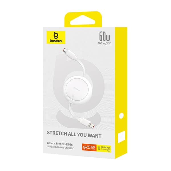 Baseus Free2Pull Mini USB-C - USB-C -kaapeli, 60W, 1, (valkoinen)