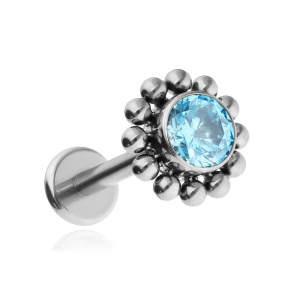 Titanium labret ørering med blå zirkon - sølv 1.2/6