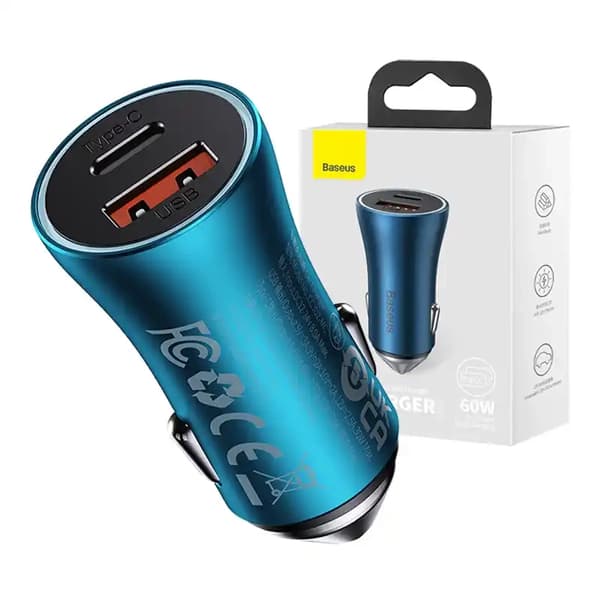 Baseus Golden Contactor Max biloplader, USB + USB-C, 60W (Blå)