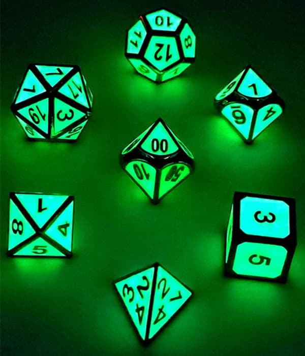 Whisper Glow RPG-tärningar Set med 7 glödande metalltärningar