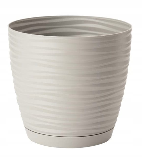 Lysegrå plastik urtepotte med underkop 16,7x15,4 cm Sahara