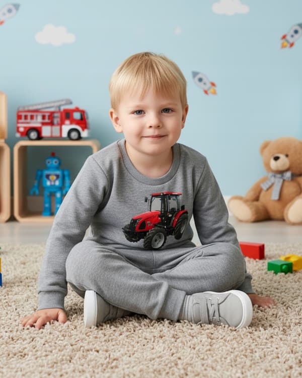 BARNPYJAMAS 110 för POJKAR 100% bomull TRACTOR gråmelerad