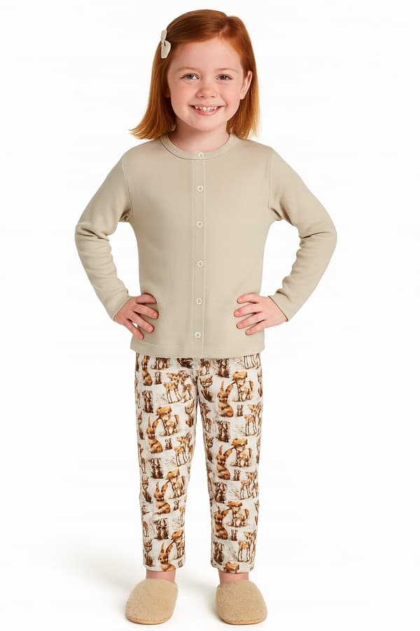 Barnpyjamas BOMULL 140 med knapp för SJUKHUSET BEIGE DEER