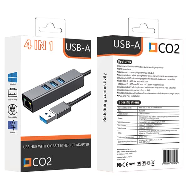 USB ETHERNET ADAPTER LAN HUB USB GIGABIT RJ45 NETVÆRKSKORT