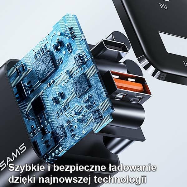 USAMS Netværksoplader 1xUSB-C + 1xUSB T43 33WPD3.0 + QC3.0 + U63 USB-C til Lightning-kabel Sort/Sort USKTZ01