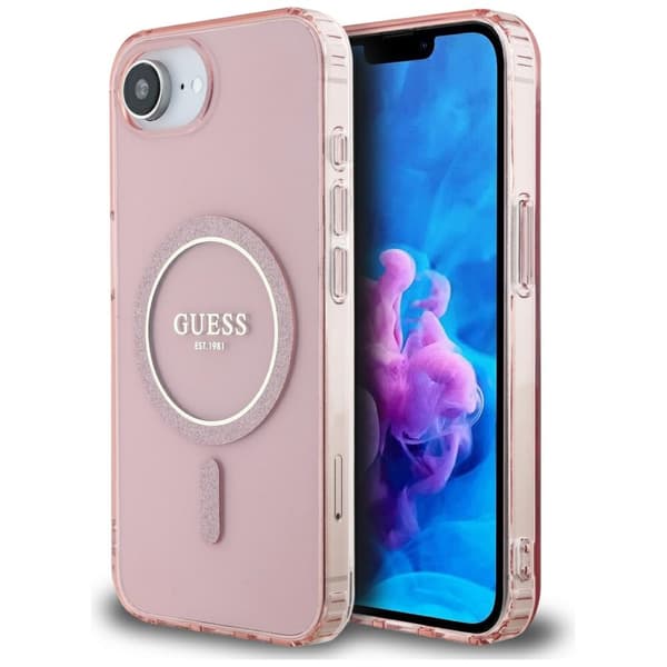 Guess IML Glitter Circle MagSafe-etui til iPhone 16e i lyserødt