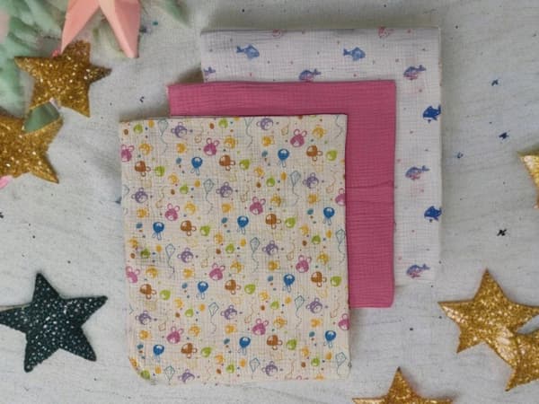 3-PAK minibleer, muslin, 38x38, delfin, dyr, lyserøde klude