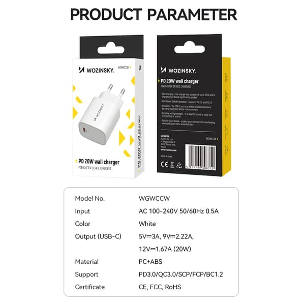 Wozinsky WGWCCW 20W USB-C Väggladdare - Vit