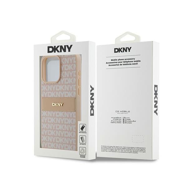 DKNY Läder Mono Stripe & Metalllogotyp - iPhone 15 Pro Max Skal (Rosa)