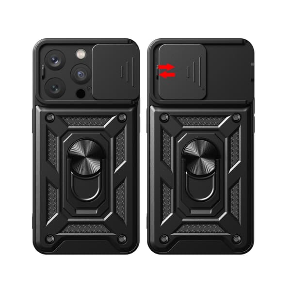 Hybrid Armor Camshield Armor-etui med stativ og kameracover til iPhone 15 Pro - Blå