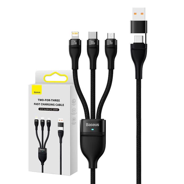 Baseus Flash Series 2 3in1 USB-kaapeli, USB-C + micro USB + Lightning, 100W, 1.2m (musta)
