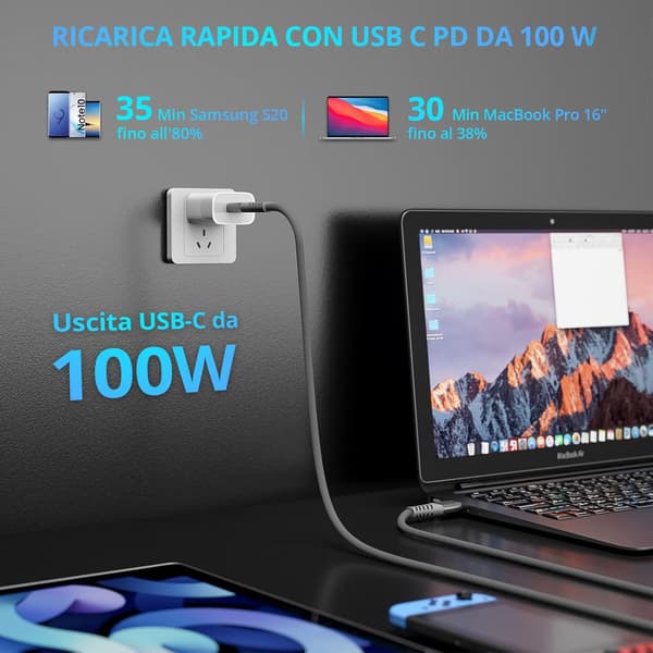 2x USB C TIL USB C HURTIGOPLADNINGSKABEL GRÅ 100W 20V 5A 2M