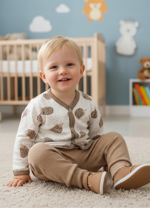 Barnkaftan 98 knäppt långärmad skjorta igelkott beige