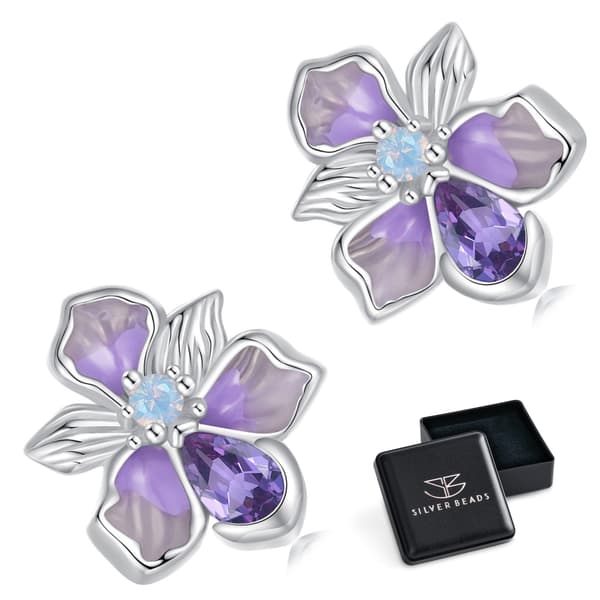 Sølvøreringe, lilla blomster, iris, 925 sølvørestikker