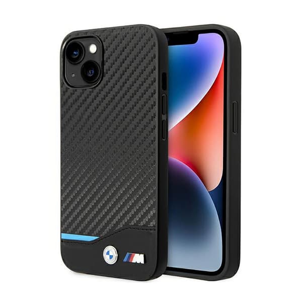 BMW Læder Carbon Blue Line - iPhone 14 Etui (Sort)