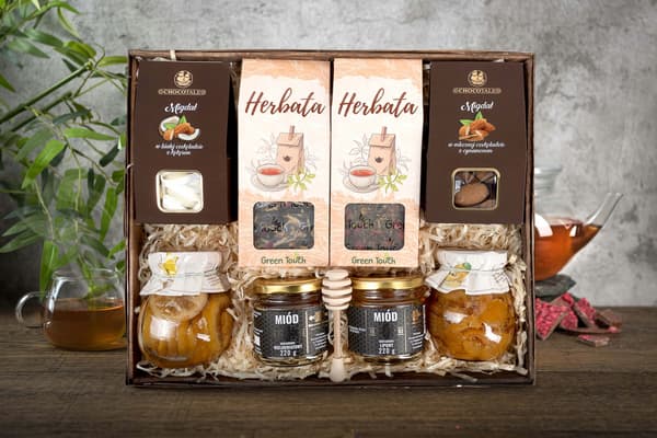 Stor gåvokorg mandel te honung sylt