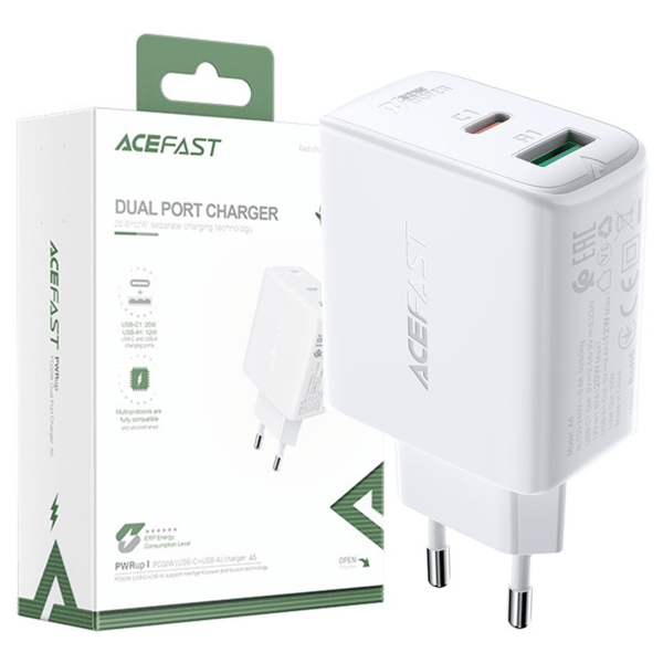 Acefast USB Typ C / USB 32W väggladdare, PPS, PD, QC 3.0, AFC, FCP vit (A5 vit)