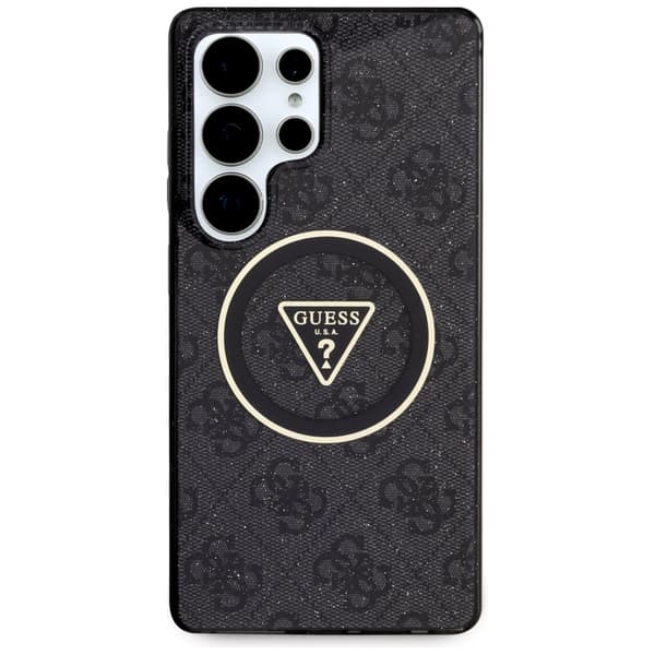 Guess 4G Glitter Triangle Buttons MagSafe-etui til Samsung Galaxy S25 Ultra, sort