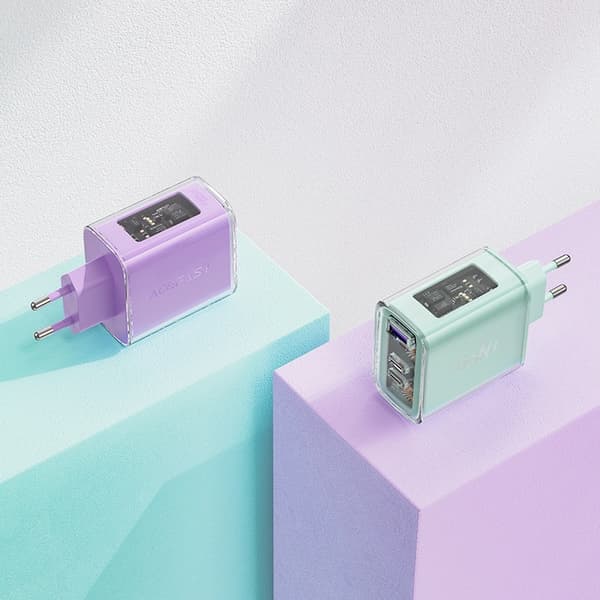 Acefast GaN-laddare 65W 3 portar (1xUSB, 2xUSB C) rosa (A45)