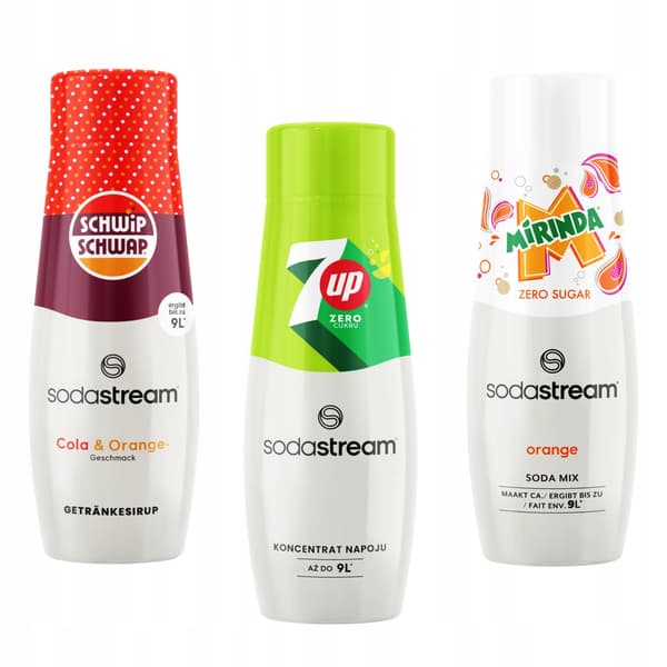 Set med 3 Sodastream Schwip Schwap-koncentrat + 7up Free + Mirinda Zero