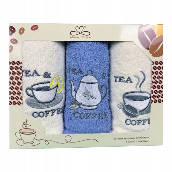 Sæt af køkkenhåndklæder Kuchcik mønster caffe&tea 30x50 blå, ecru