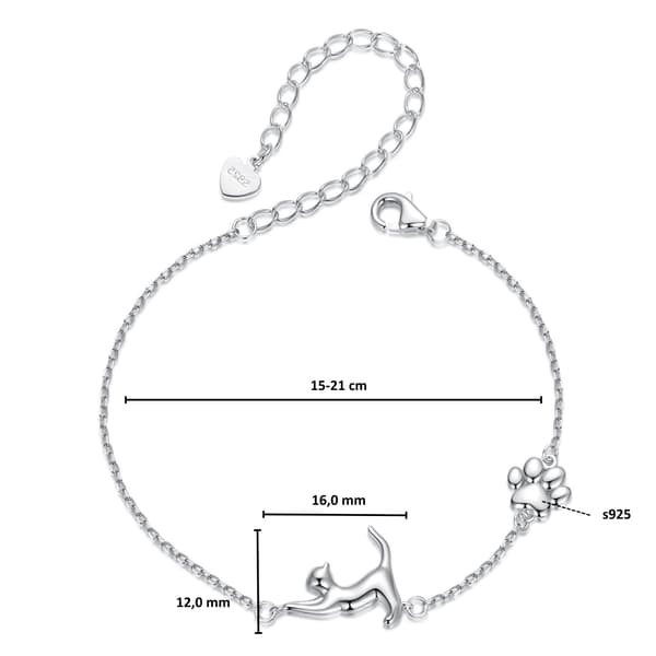 Silverarmband med söt katt och tass, 925 silver