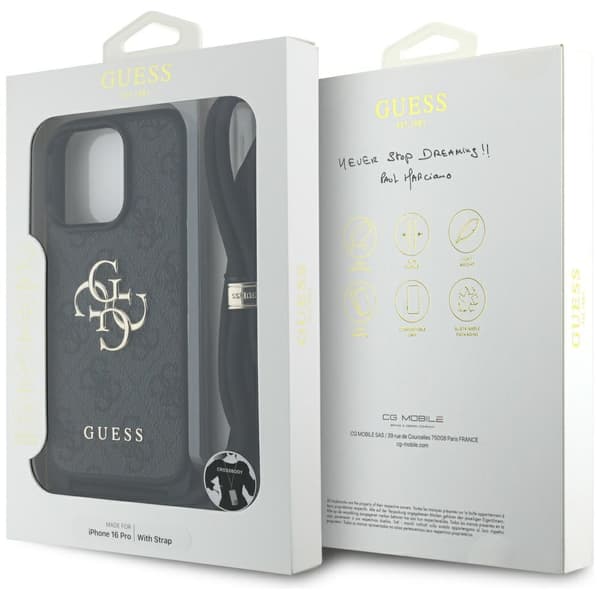 Guess 4G Stort Logo Snorrem Crossbody-etui til iPhone 16 Pro Sort