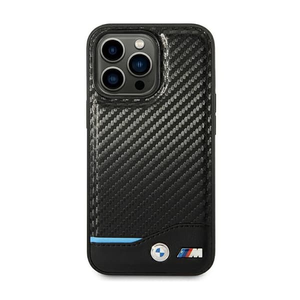 BMW Læder Carbon Blue Line - iPhone 14 Pro Etui (Sort)