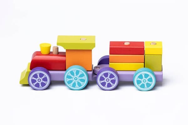 Tåglokomotiv Chuck träfärgade vagnar blockarrangemang