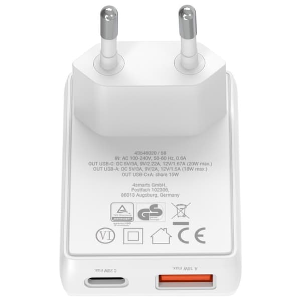 4smarts FlatPlug Duos 20W GaN USB-C + USB-A Vægoplader Hvid
