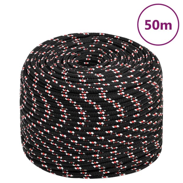 vidaXL sejltov, sort, 6 mm, 50 m, polypropylen
