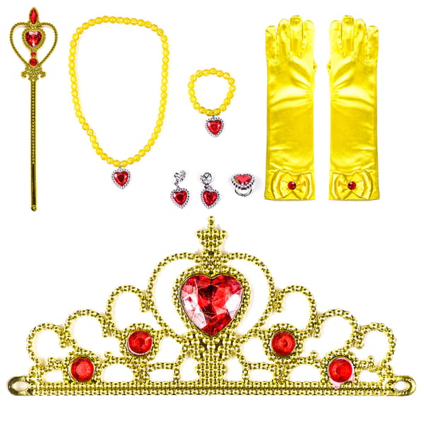 Bella Guld Prinsesse Kostume Sæt - Krone, Scepter, Handsker, 7 Dele