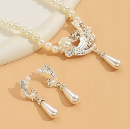 Örhängen Halsband Set Silver Set Strass Pärlor Bröllop Kväll