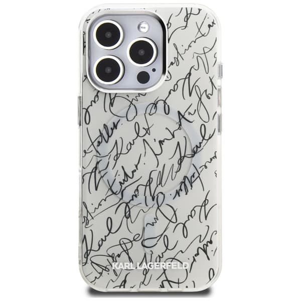 Karl Lagerfeld IML Karl Script Pattern MagSafe-etui til iPhone 16 Pro - Hvid