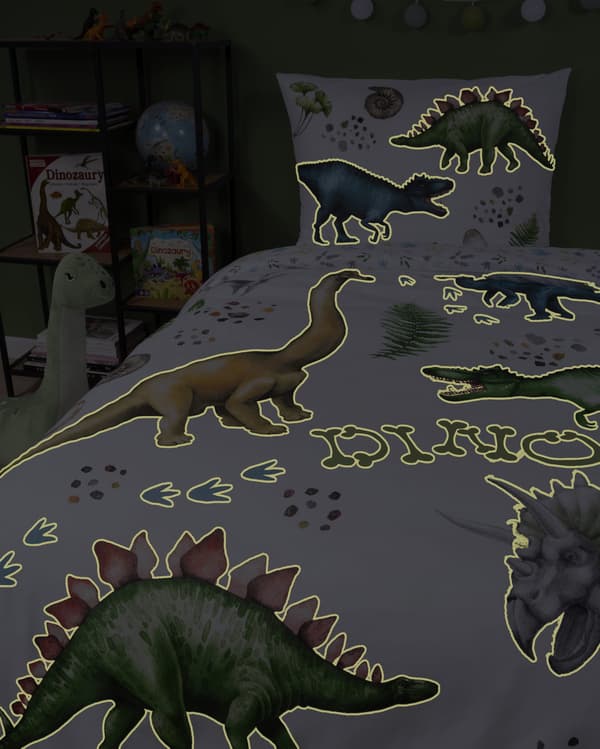 Sengesæt med dinosaurier der lyser i mørket 140x200