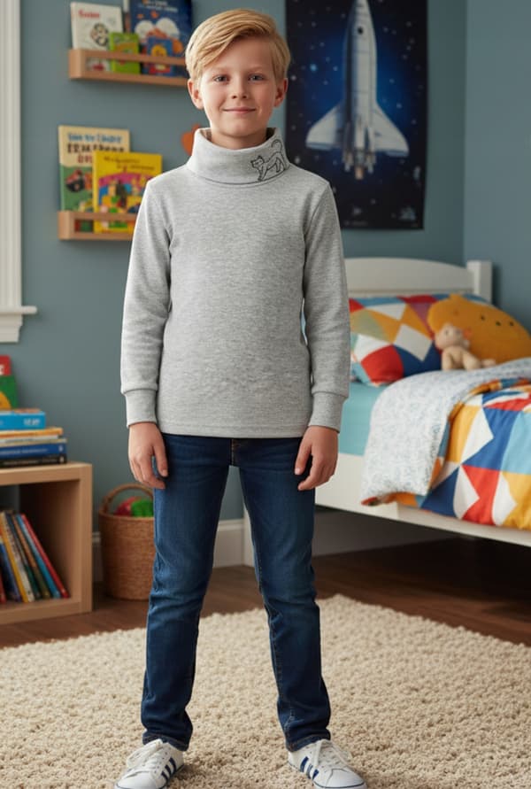 Barn TURTLENECK 146 SWEATSHIRT Barn T-SHIRT BLUS med tryck GRÅ MELERAD