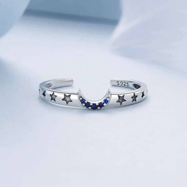 Justerbar silverring med måne och stjärnor, 925 silver