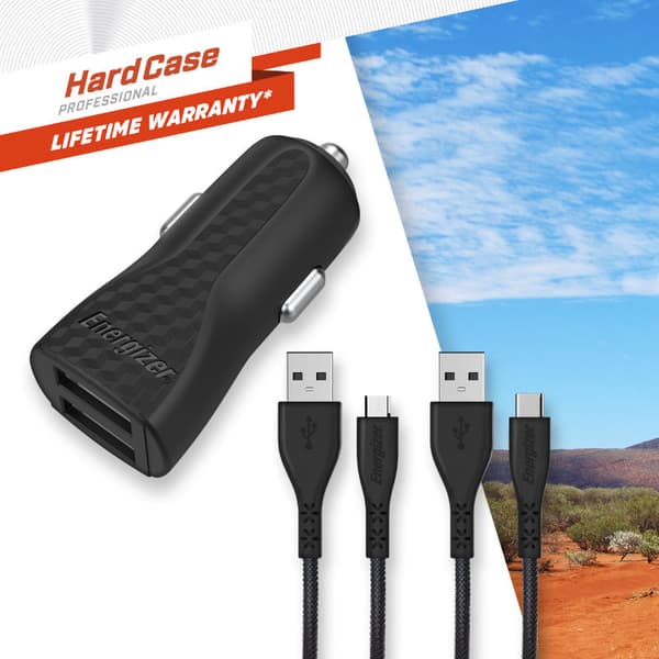 Energizer HardCase - Autolaturi 2x USB-A 2.4A + USB-C & Micro USB -kaapeli (Musta)