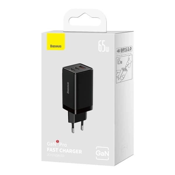 Baseus GaN5 Pro Hurtigoplader 2xUSB C 1xUSB 65W + USB C - USB C 100W Kabel - Sort