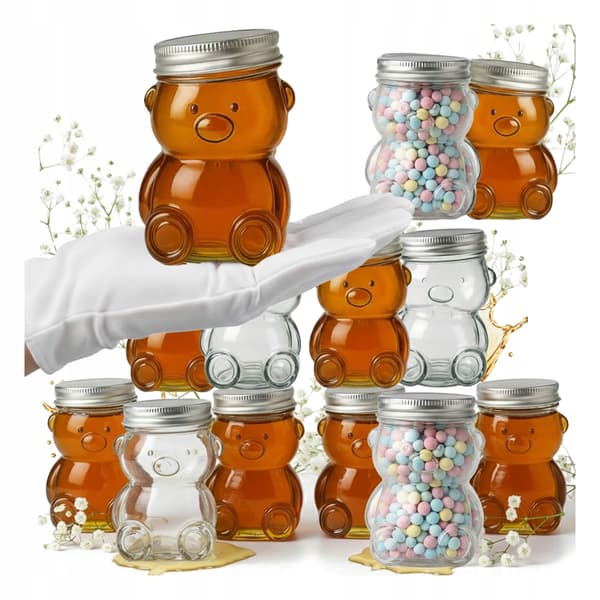 SÆT 4x Glas Bamse Krukke 150ml Bryllup Dåb Nadver til honningbolsjer