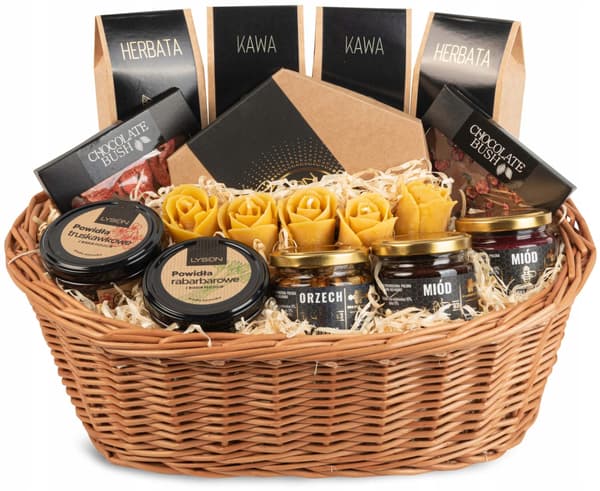 Stor presentkorg med teer, sylt och trufflar