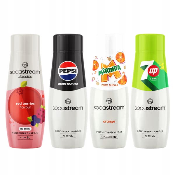 4 Sodastream skogsfruktsirap + Pepsi Max + Mirinda Zero + 7UP Free