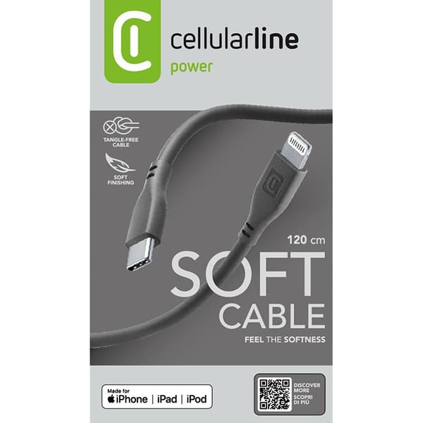 Cellularline blødt kabel - MFi-certificeret USB-C til Lightning-kabel 1,2 m (sort)