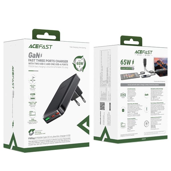 Acefast A100 65W GaN 2 USB-C+ USB-A Ultra Slim Oplader - Sort