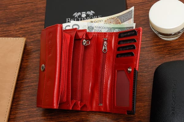 Damplånbok i läder, RFiD-läder för kort, stor, röd, Beltimore
