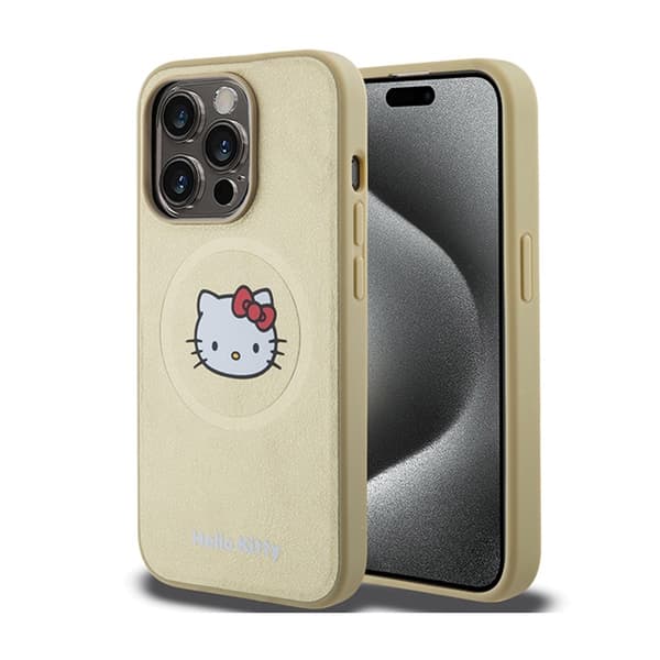 Hello Kitty Läderfodral med Kitty-huvud och MagSafe - iPhone 15 Pro (Guld)