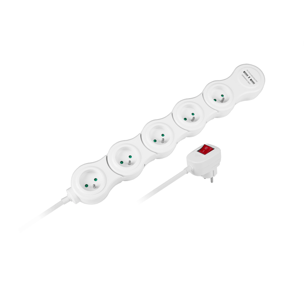 Foldbar slange strømstrip 1,5m 5 udtag 2xUSB Rebel